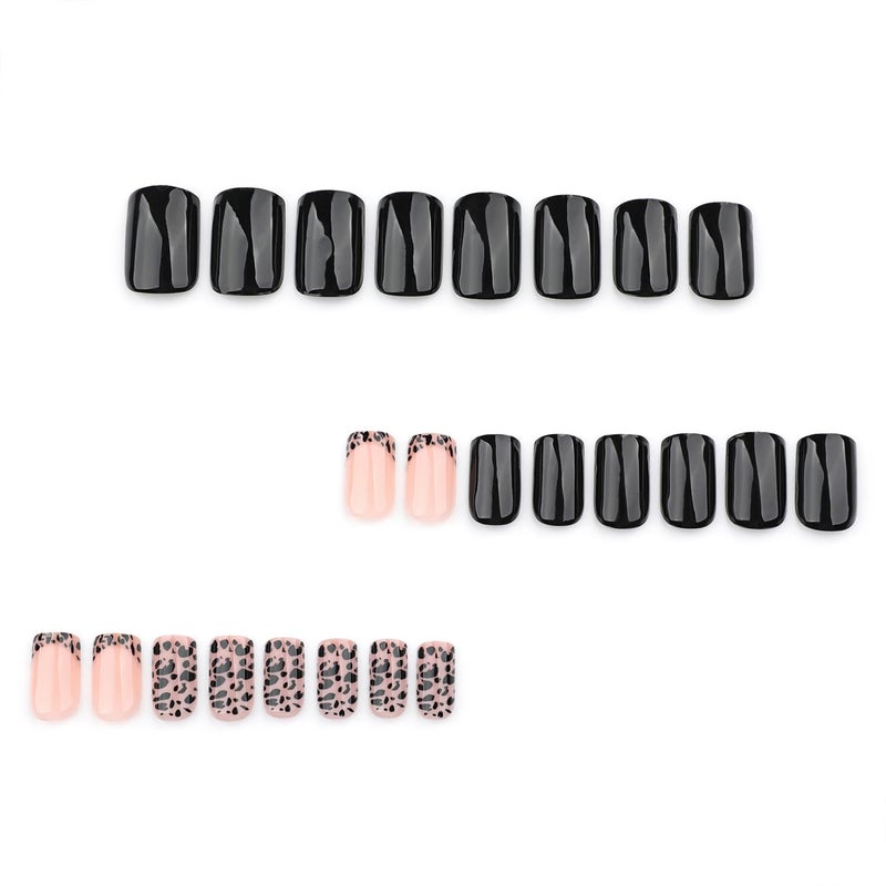 Vopintpy Leopard Print Press on Nails French Tip False Nails Black Solid Color Artificial Nails Short Square Full Cover Fake Nails Glossy Acrylic Stick on Nails for Women - Image 3